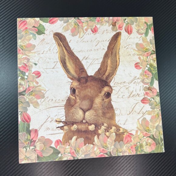 Spring Rabbit Print Box Shelf Sitter Shabby Chic Hare Easter Wreath Pink Bow - Picture 7 of 10
